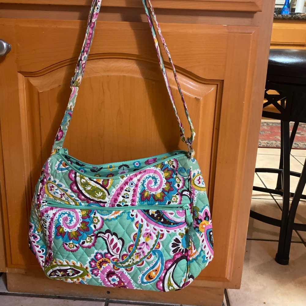 Gently Used Very Bradley Teal Floral Shoulder Bag w/ Multiple Pockets